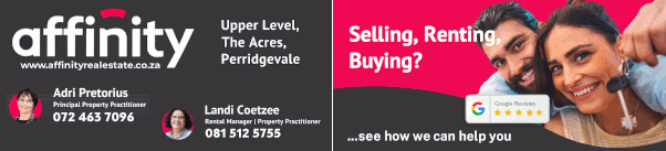 affinity
www.affinityrealestate.co.za

Adri Pretorius
Principal Property Practitioner
072 463 7096

Landi Coetzee
Rental Manager | Property Practitioner
081 512 5755

Upper Level, The Acres, Perridgevale


Selling, Renting, Buying? 
... see how we can help you