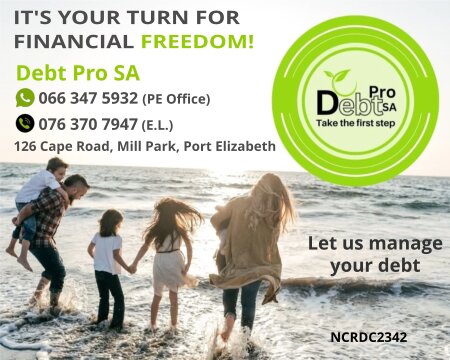 Debt Pro SA
It's your turn for financial freedom!
066 347 5932 (PE Office)
076 370 7947 (E.L.)
126 Cape Road, Mill Park, Port Elizabeth
Let us manage your debt
NCRDC2342