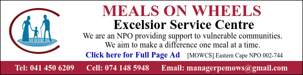 Meals on Wheels Excelsior Service Centre
We are an NPO providing support to vulnerable communities. 
We aim to make a difference one meal at a time. 
[MOWCS] Eastern Cape NPO 002-744
Tel 041 450 6209
Cell 074 148 5948