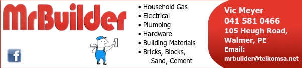 Mr Builder
* Household Gas
* Electrical
* Plumbing
* Hardware
* Building Materials
* Bricks, Blocks, Sand, Cement
Vic Meyer
041 581 0466
105 Heugh Road,
Walmer, PE