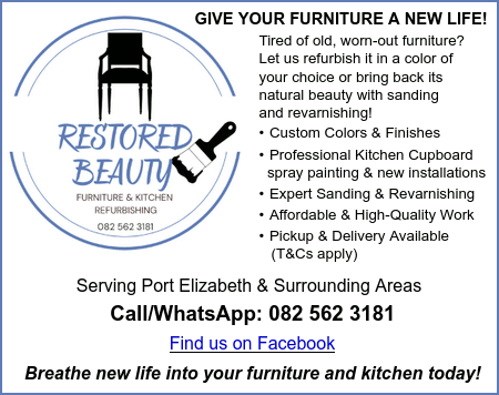 RESTORED BEAUTY
Tired of old, worn-out furniture?
Let us refurbish it in a color of your choice or bring back its
natural beauty with sanding and revarnishing!
* Custom Colors & Finishes
* Professional Kitchen Cupboard spray painting & new installations
* Expert Sanding & Revarnishing
* Affordable & High-Quality Work
* Pickup & Delivery Available (T&Cs apply)
Serving Port Elizabeth & Surrounding Areas
Call/WhatsApp: 082 562 3181 | Find us on Facebook 
Breathe new life into your furniture and kitchen today!